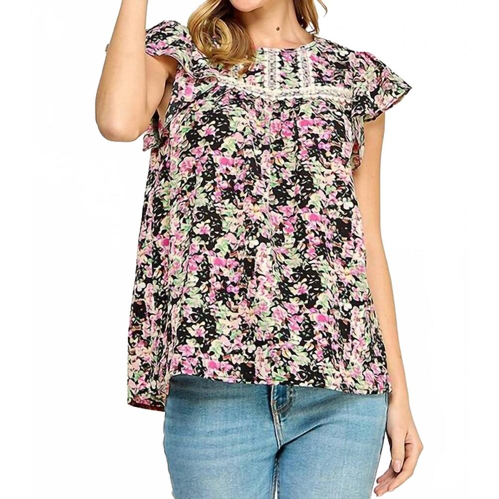 NEW TWENTY TEN floral print blouse with crochet trim in black